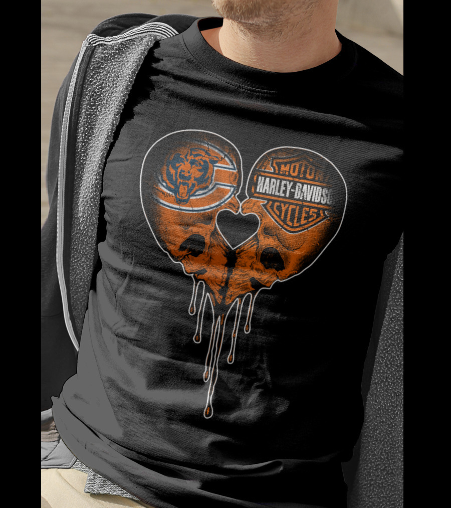 Chicago Bears Harley Davidson Skull Heart Dripping Ink T-Shirt