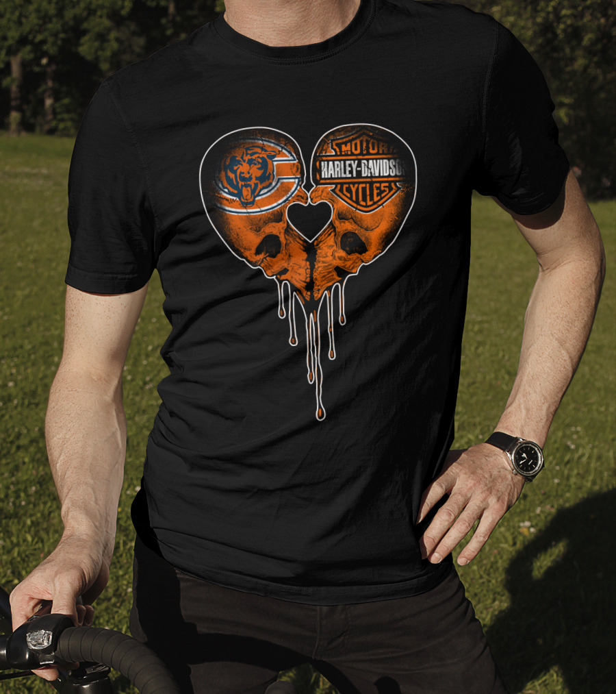 Chicago Bears Harley Davidson Skull Heart Dripping Ink T-Shirt