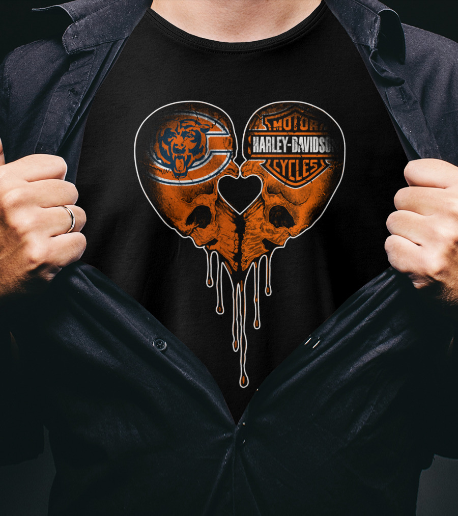 Chicago Bears Harley Davidson Skull Heart Dripping Ink T-Shirt