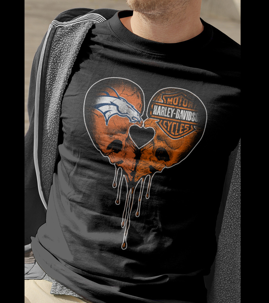 Denver Broncos Harley Davidson Dripping Skull Heart T-Shirt
