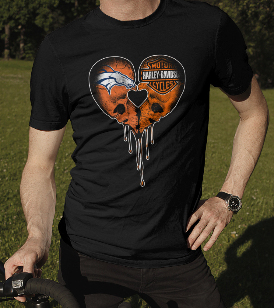 Denver Broncos Harley Davidson Dripping Skull Heart T-Shirt