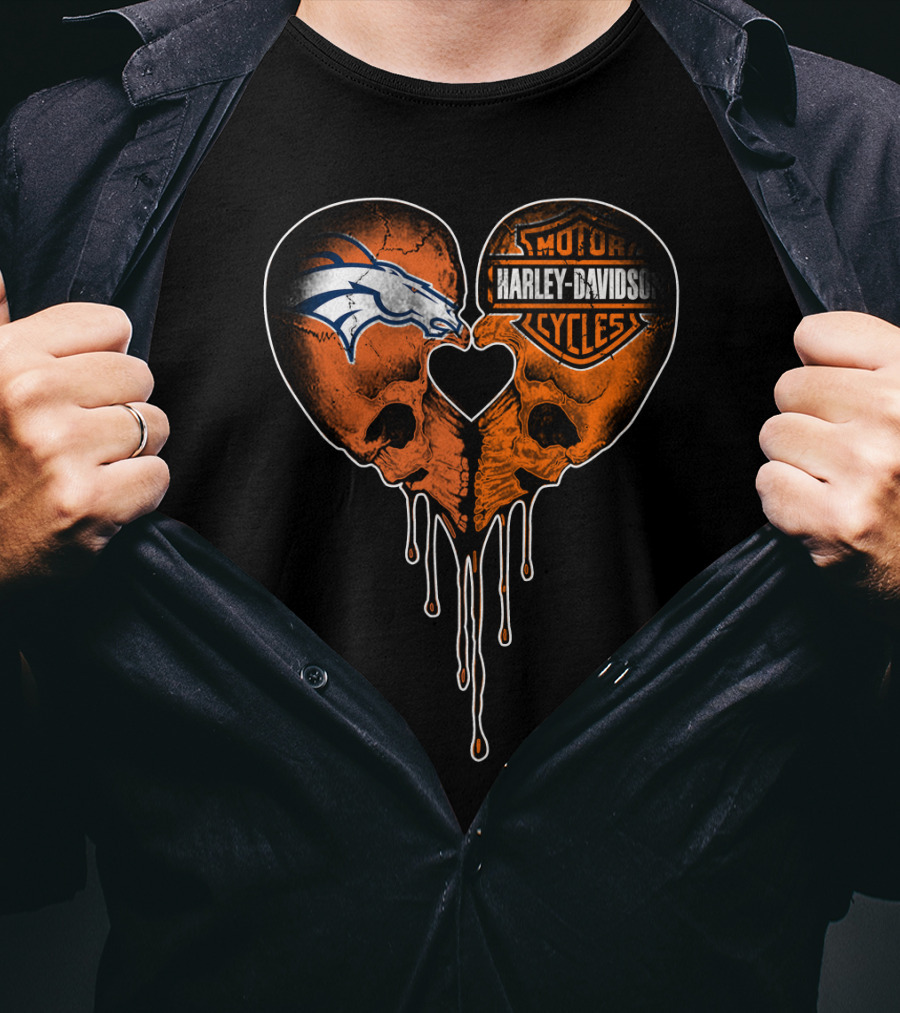 Denver Broncos Harley Davidson Dripping Skull Heart T-Shirt