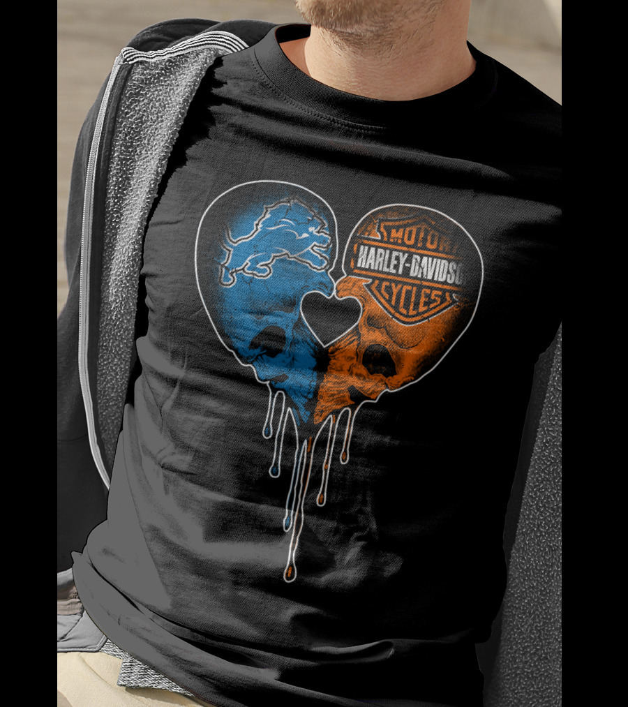 Detroit Lions And Harley Davidson Skulls Heart Fusion T-Shirt