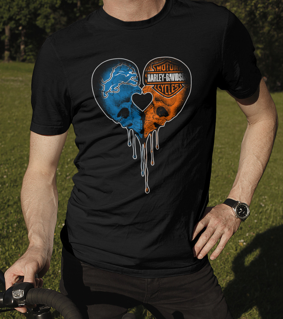 Detroit Lions And Harley Davidson Skulls Heart Fusion T-Shirt
