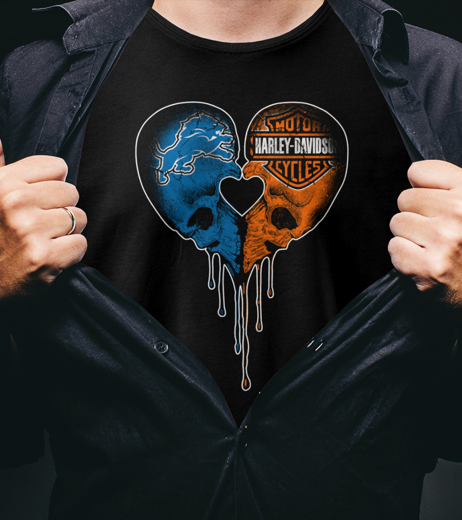 Detroit Lions And Harley Davidson Skulls Heart Fusion T-Shirt