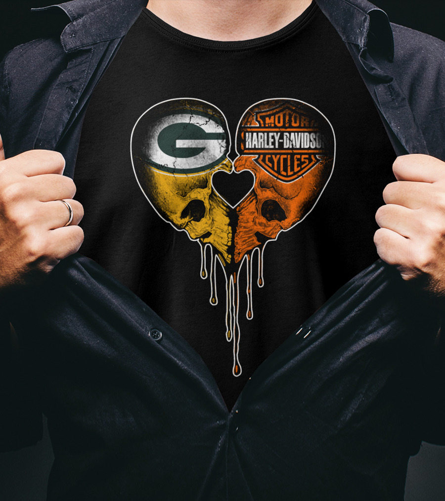 Green Bay Packers Harley Davidson Heart Skulls T-Shirt