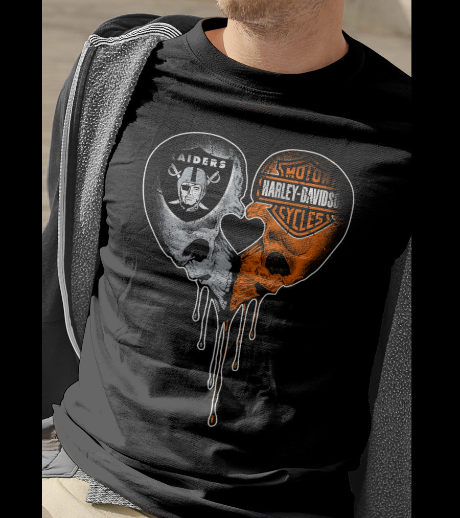 Raiders Harley Davidson Heart Skulls T-Shirt