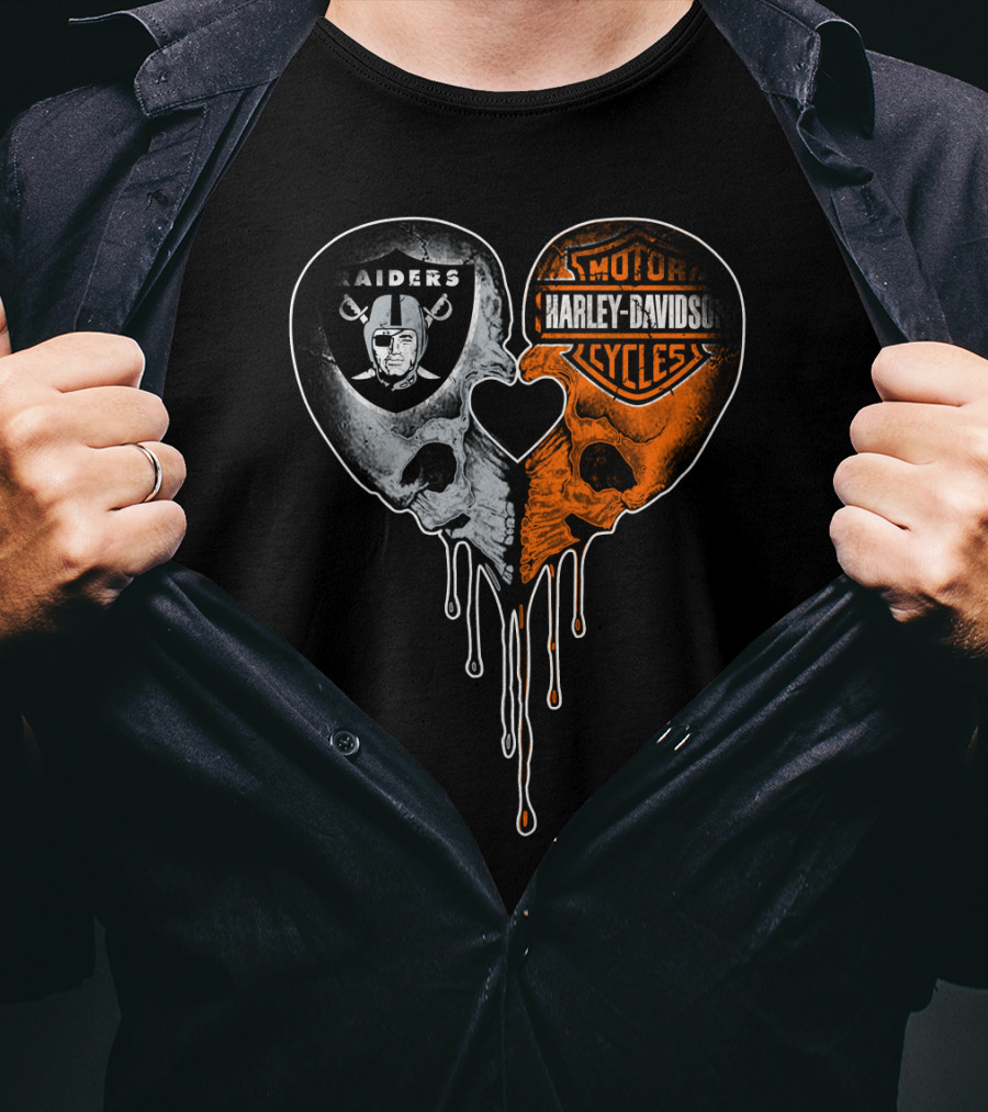 Raiders Harley Davidson Heart Skulls T-Shirt