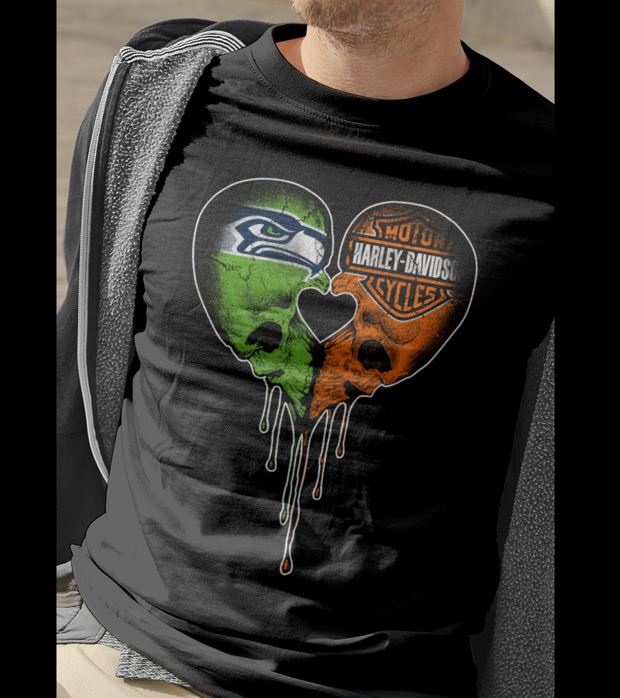 Seattle Seahawks Harley Davidson Heart Skull Drip T-Shirt
