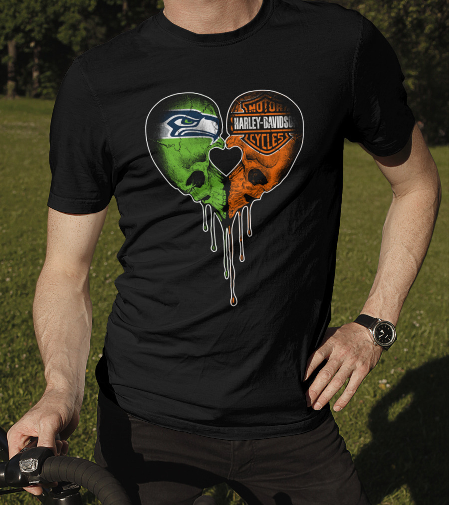 Seattle Seahawks Harley Davidson Heart Skull Drip T-Shirt