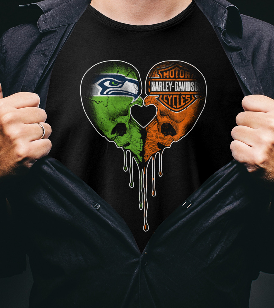 Seattle Seahawks Harley Davidson Heart Skull Drip T-Shirt