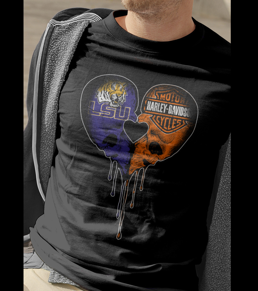 Lsu Tigers And Harley Davidson Heart Skull Fusion T-Shirt