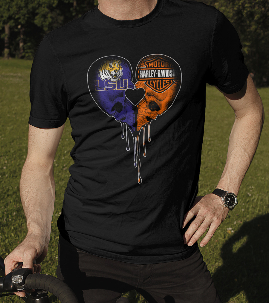 Lsu Tigers And Harley Davidson Heart Skull Fusion T-Shirt