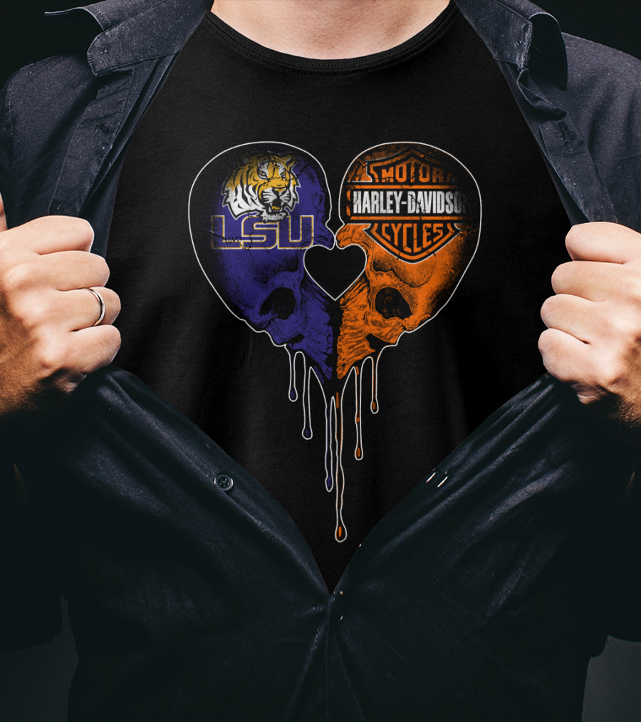 Lsu Tigers And Harley Davidson Heart Skull Fusion T-Shirt