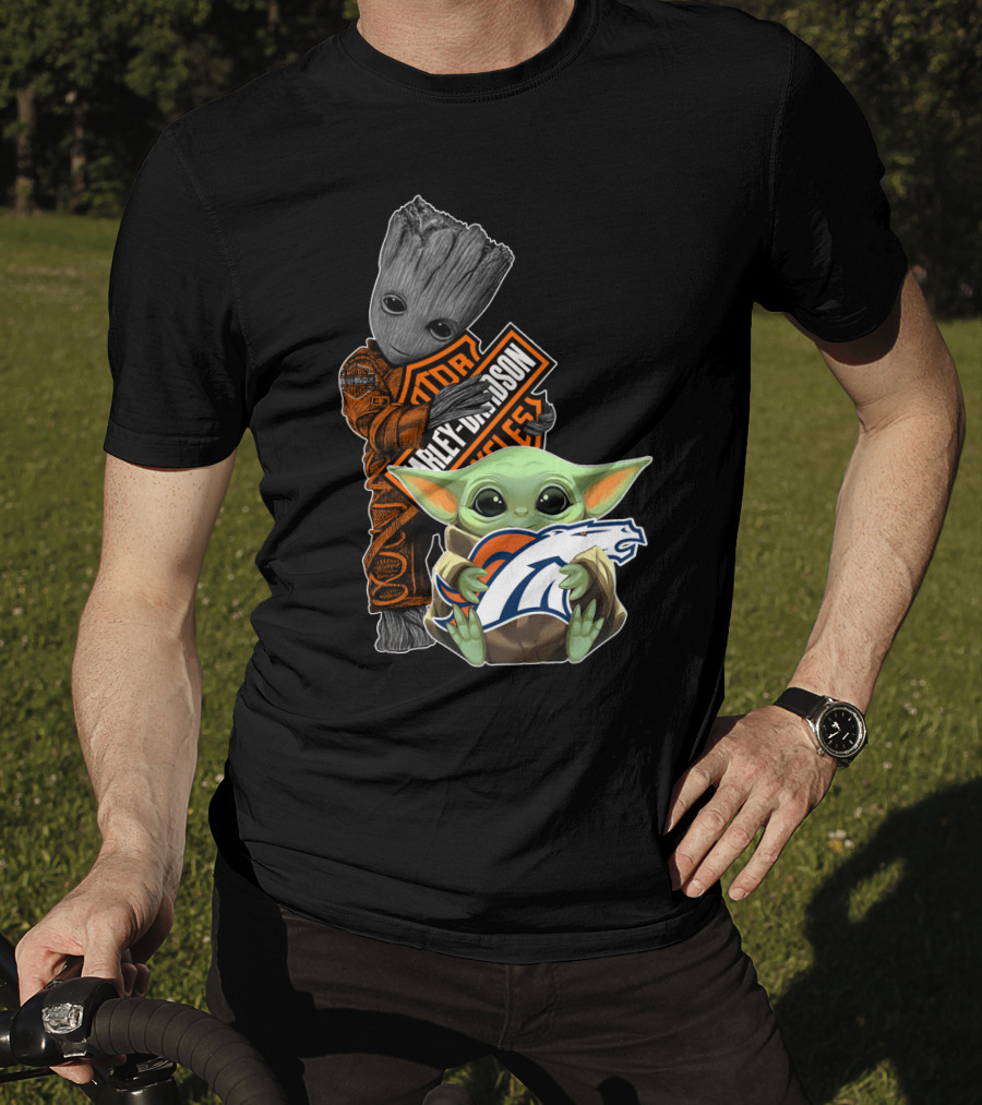 Harley Davidson Groot Baby Yoda Denver Broncos Nfl Collaboration T-Shirt