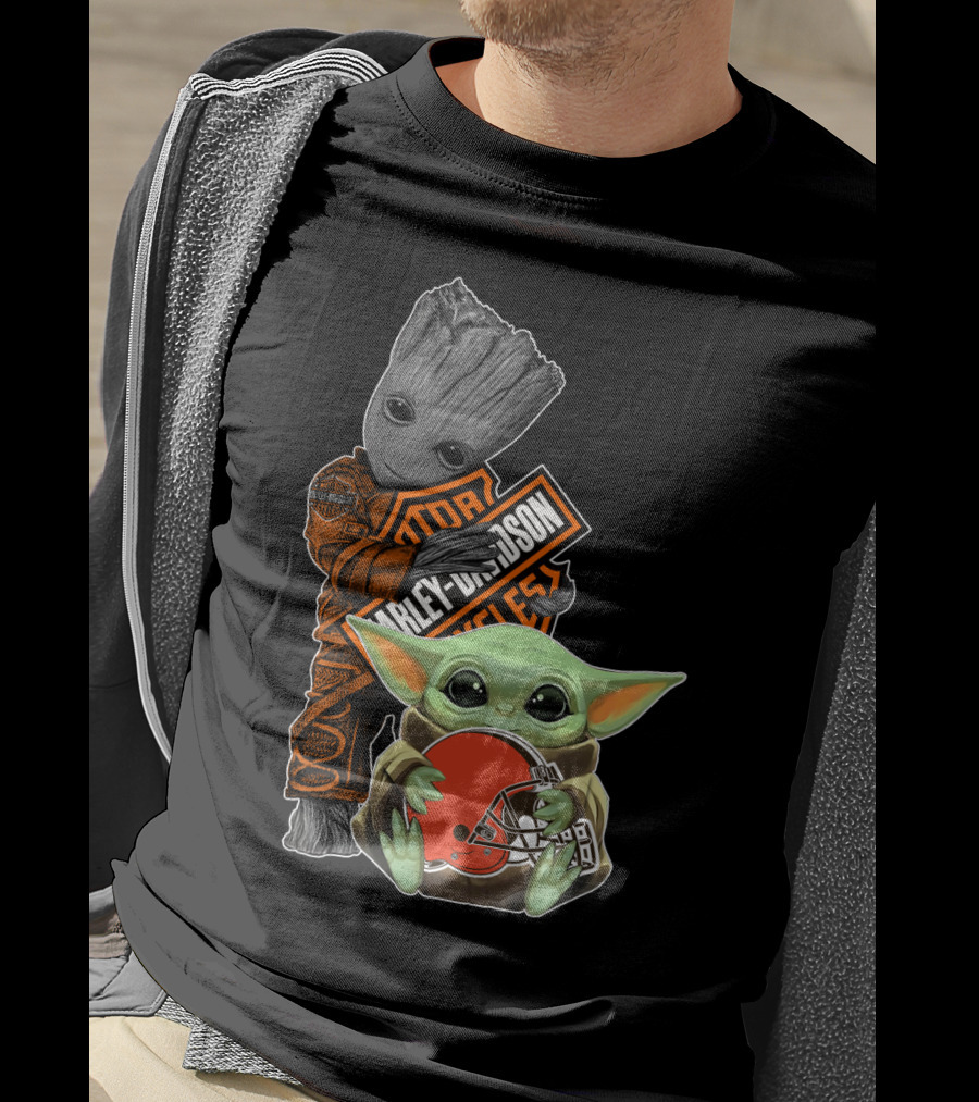 Harley Davidson Groot Baby Yoda Cleveland Browns Football T-Shirt
