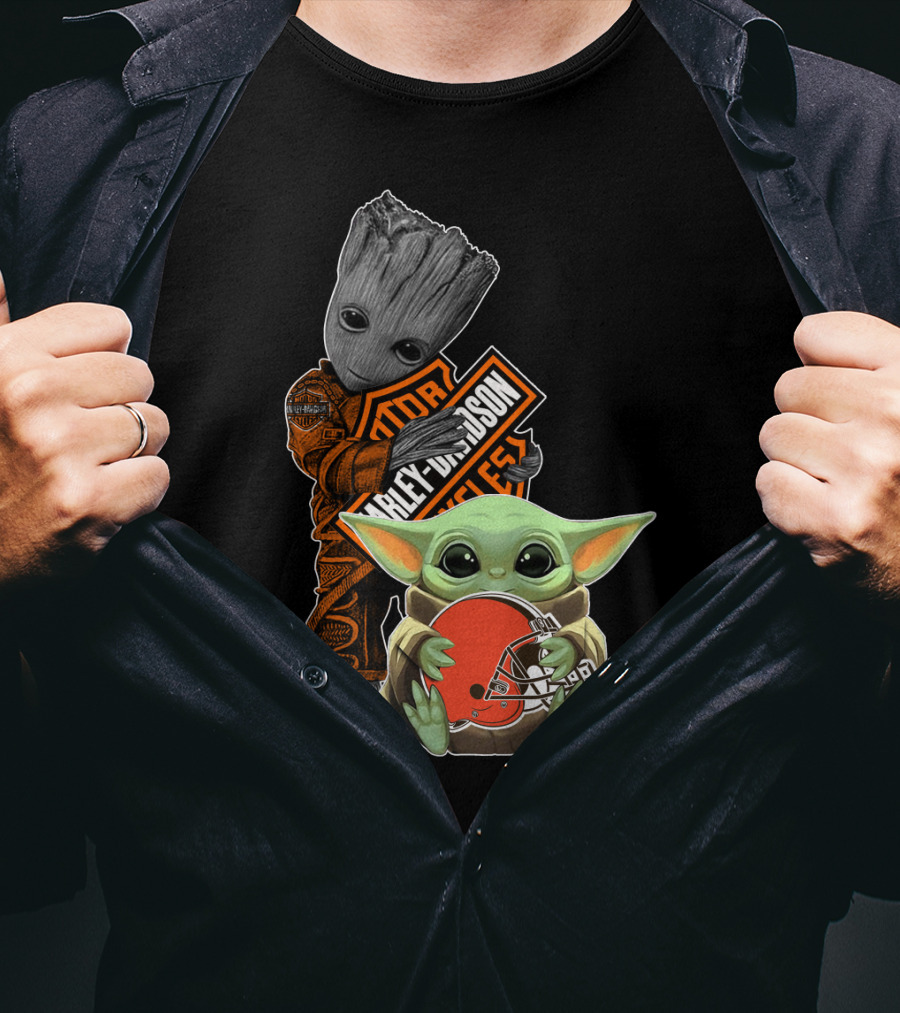 Harley Davidson Groot Baby Yoda Cleveland Browns Football T-Shirt