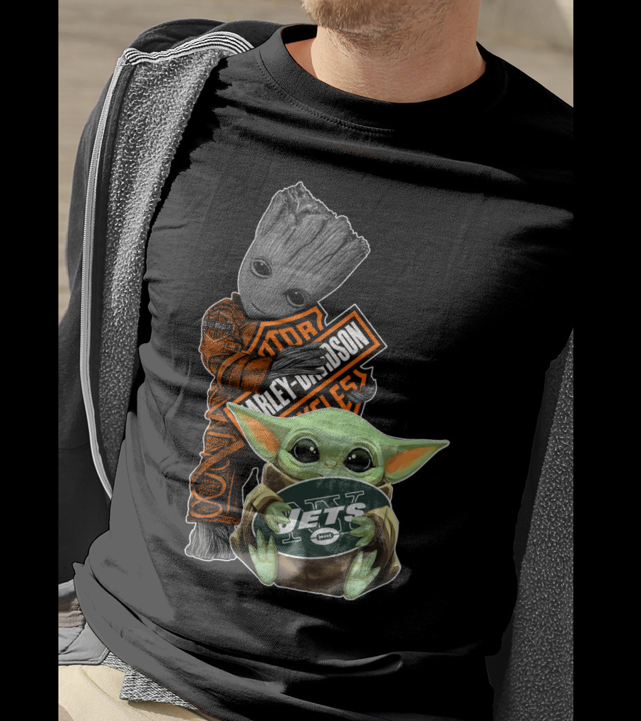 Groot Harley Davidson And Baby Yoda Jets Fan Collaboration T-Shirt