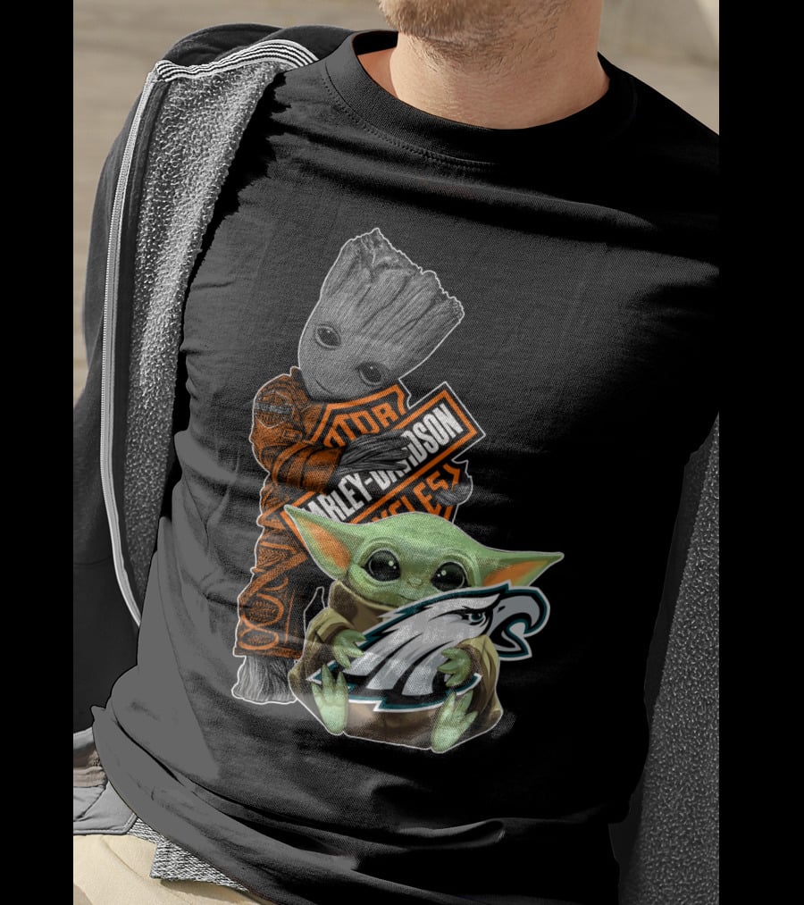 Harley Davidson Groot Philadelphia Eagles Baby Yoda T-Shirt