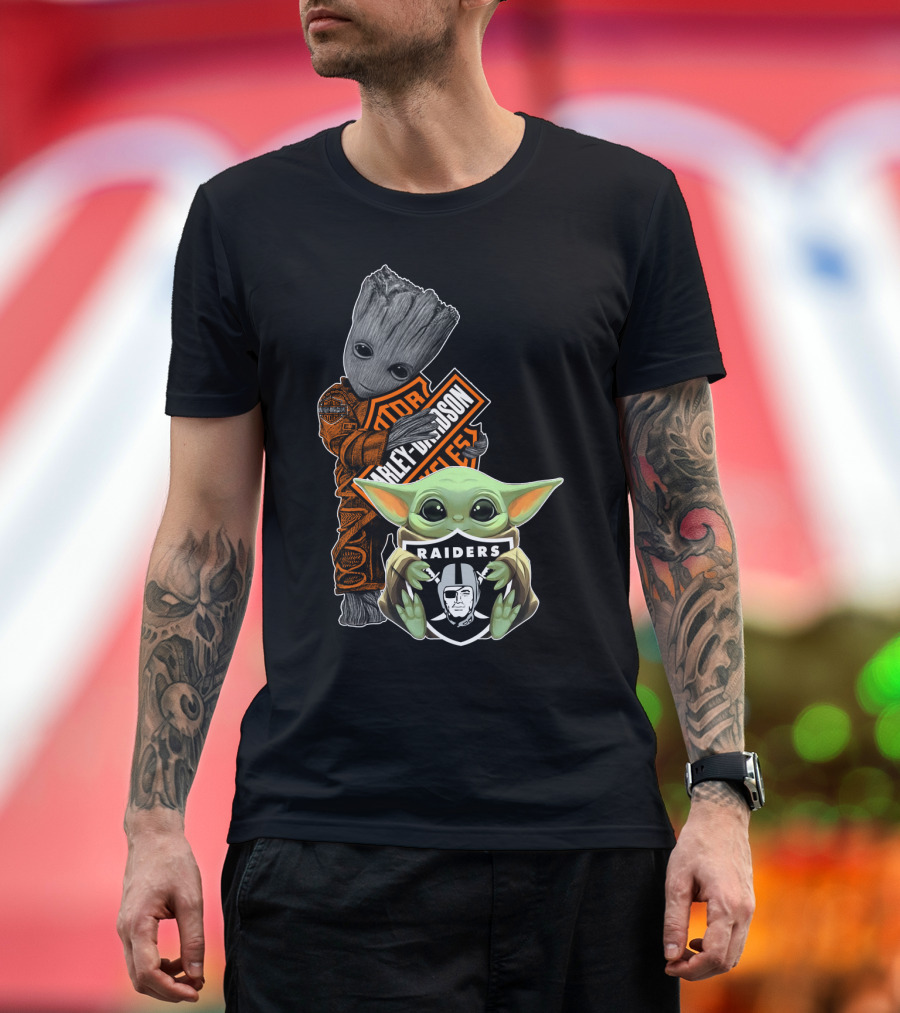 Groot Baby Yoda Harley Davidson Oakland Raiders Collaboration T-Shirt
