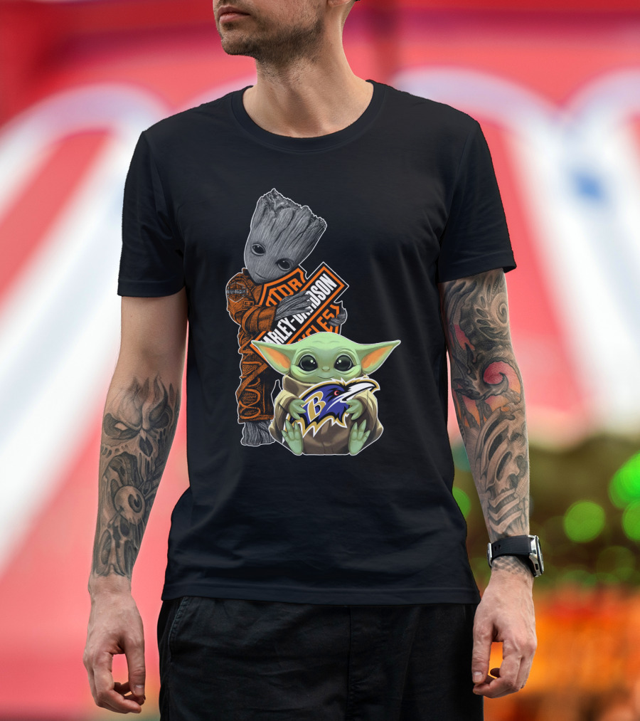 Harley Davidson Groot And Baltimore Ravens Baby Yoda T-Shirt
