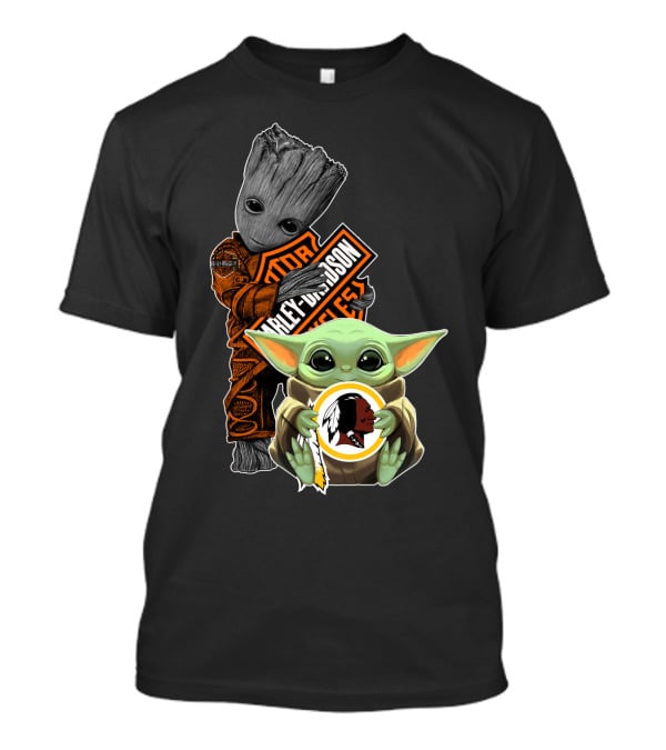 Groot Holding Harley Davidson Logo With Baby Yoda And Washington Redskins Symbol T-Shirt