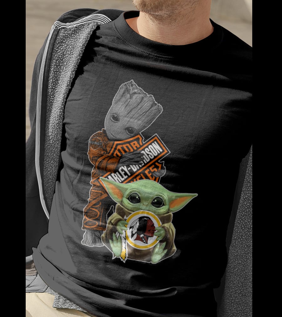 Groot Holding Harley Davidson Logo With Baby Yoda And Washington Redskins Symbol T-Shirt