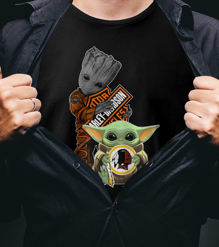 Groot Holding Harley Davidson Logo With Baby Yoda And Washington Redskins Symbol T-Shirt