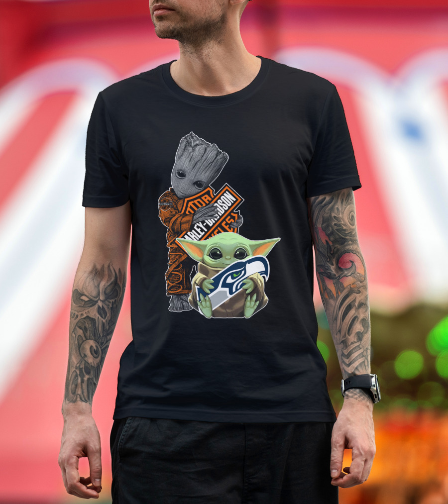 Groot Harley Davidson Seattle Seahawks Baby Yoda T-Shirt