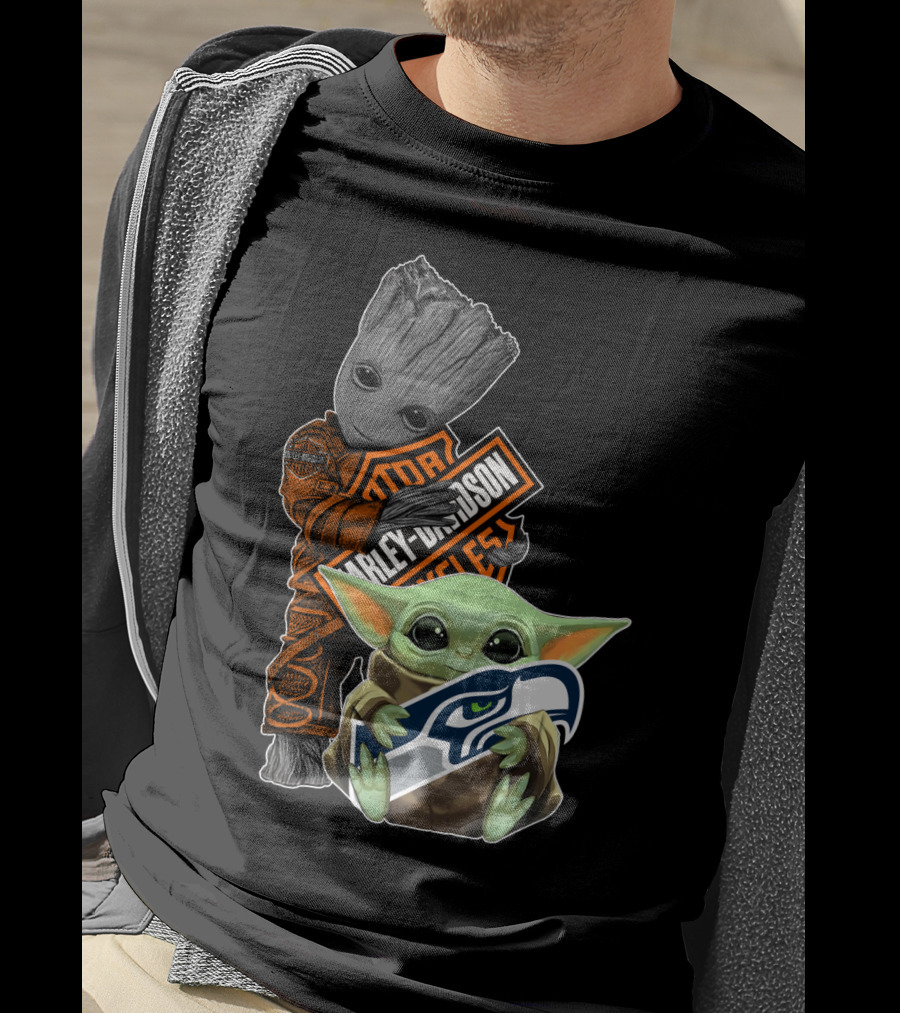 Groot Harley Davidson Seattle Seahawks Baby Yoda T-Shirt