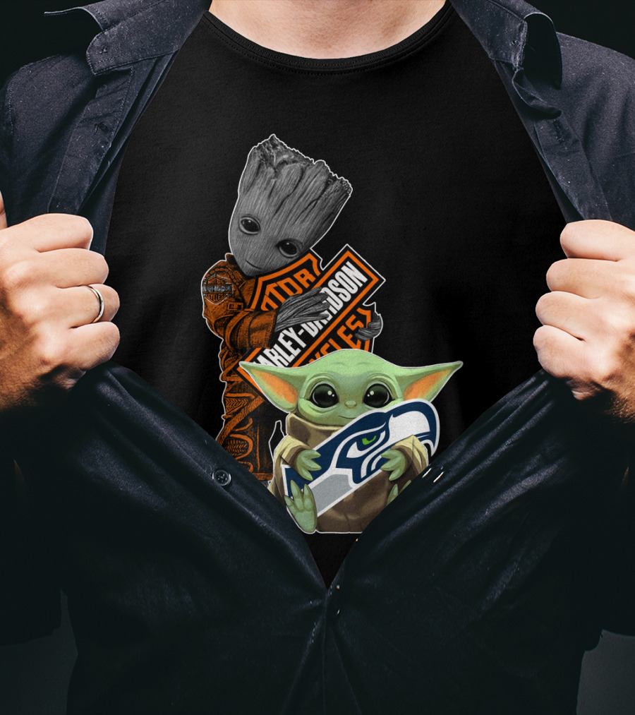 Groot Harley Davidson Seattle Seahawks Baby Yoda T-Shirt