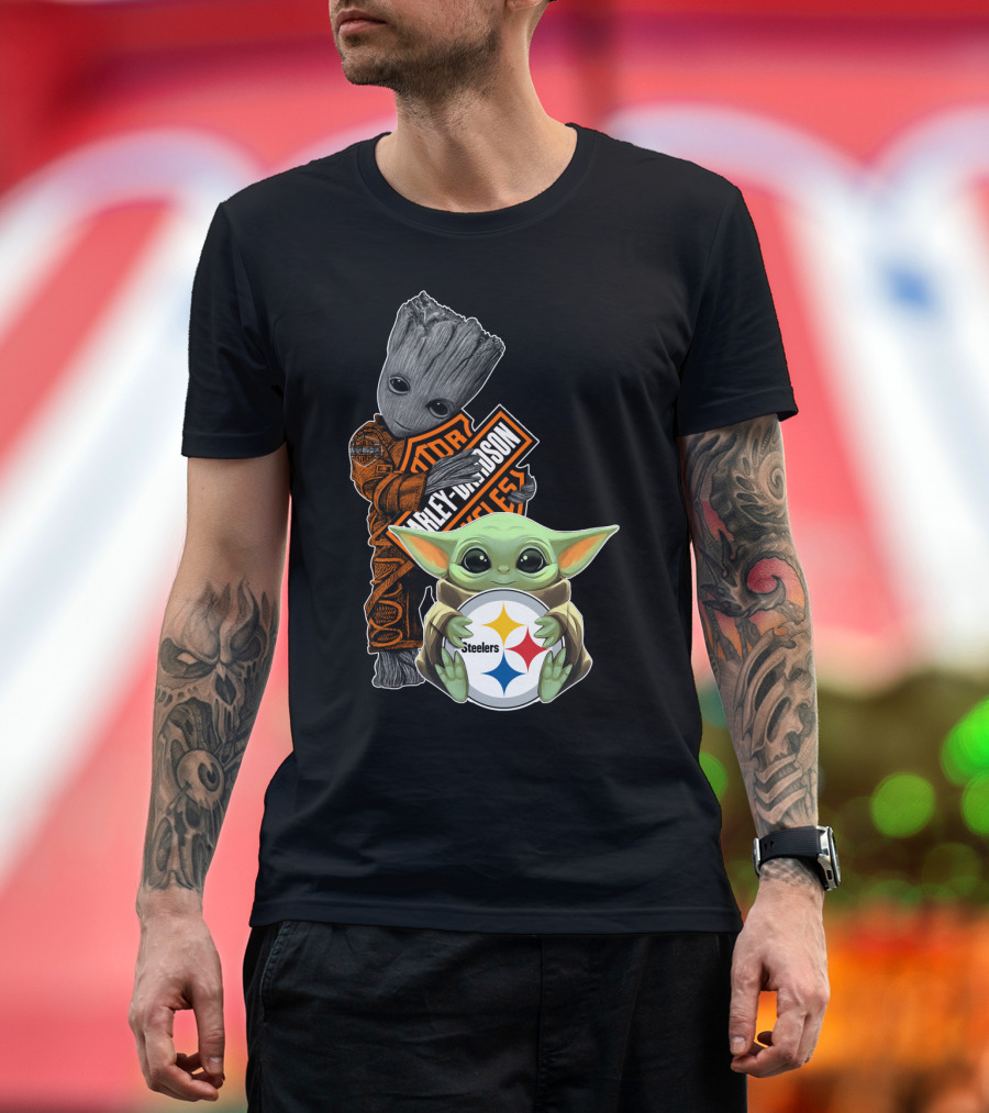 Baby Yoda And Groot Harley Davidson Steelers Crossover T-Shirt