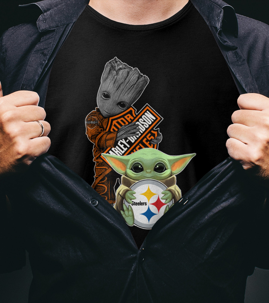 Baby Yoda And Groot Harley Davidson Steelers Crossover T-Shirt