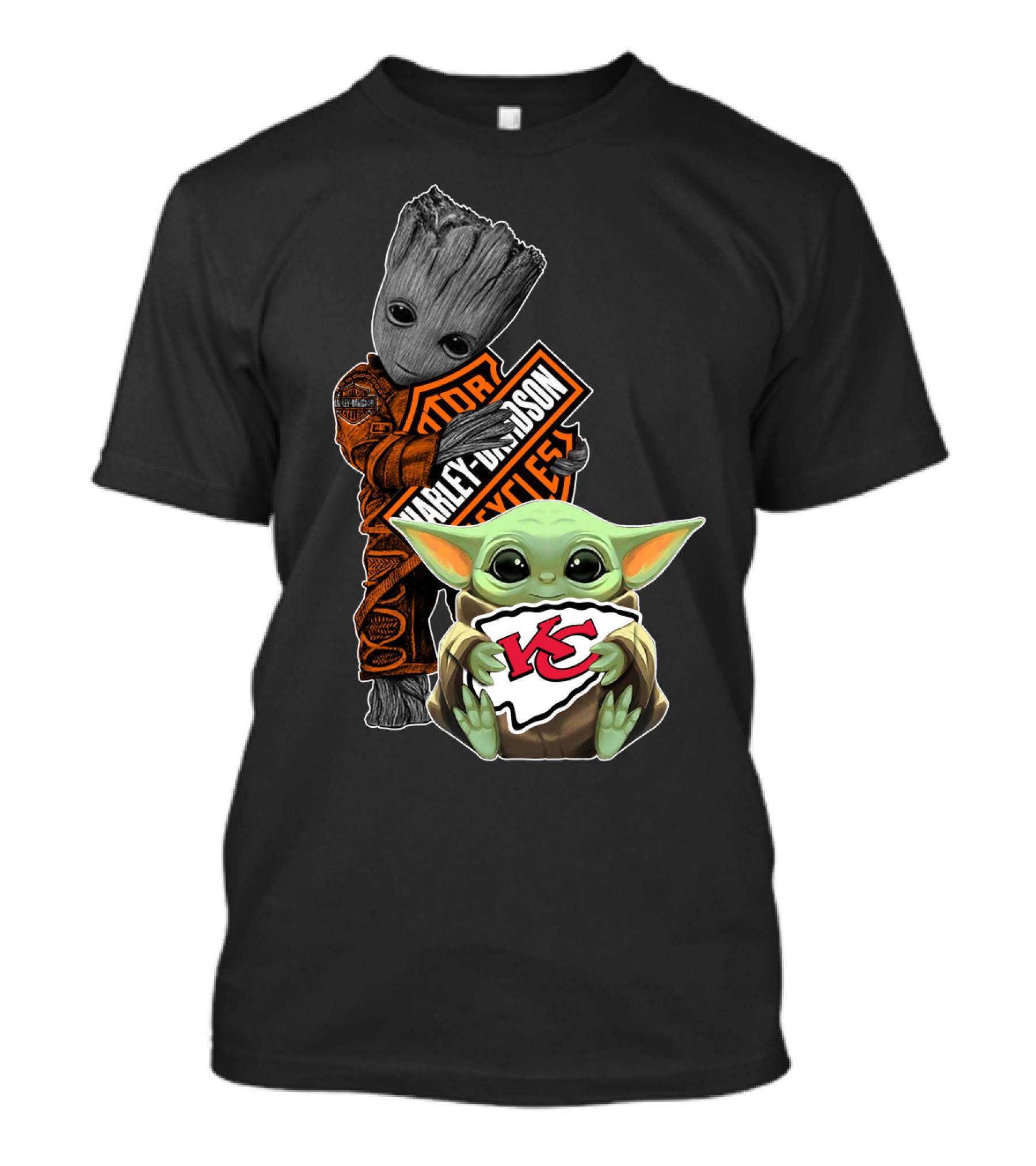 Harley Davidson Groot With Kansas City Chiefs Baby Yoda T-Shirt
