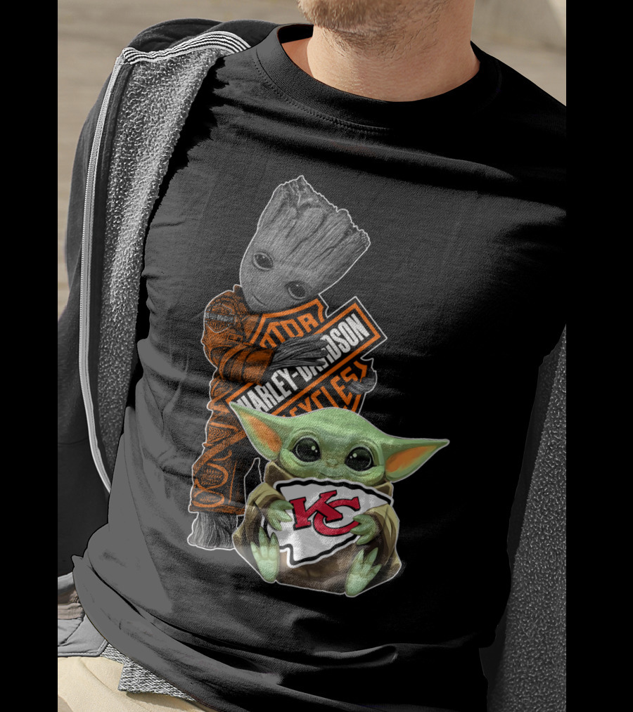 Harley Davidson Groot With Kansas City Chiefs Baby Yoda T-Shirt