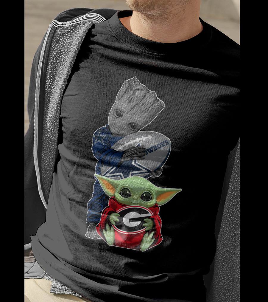 Cowboys Groot Football With Bulldogs Baby Yoda In Georgia Red T-Shirt