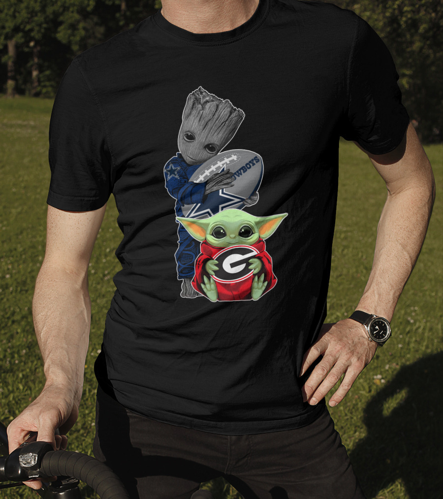 Cowboys Groot Football With Bulldogs Baby Yoda In Georgia Red T-Shirt