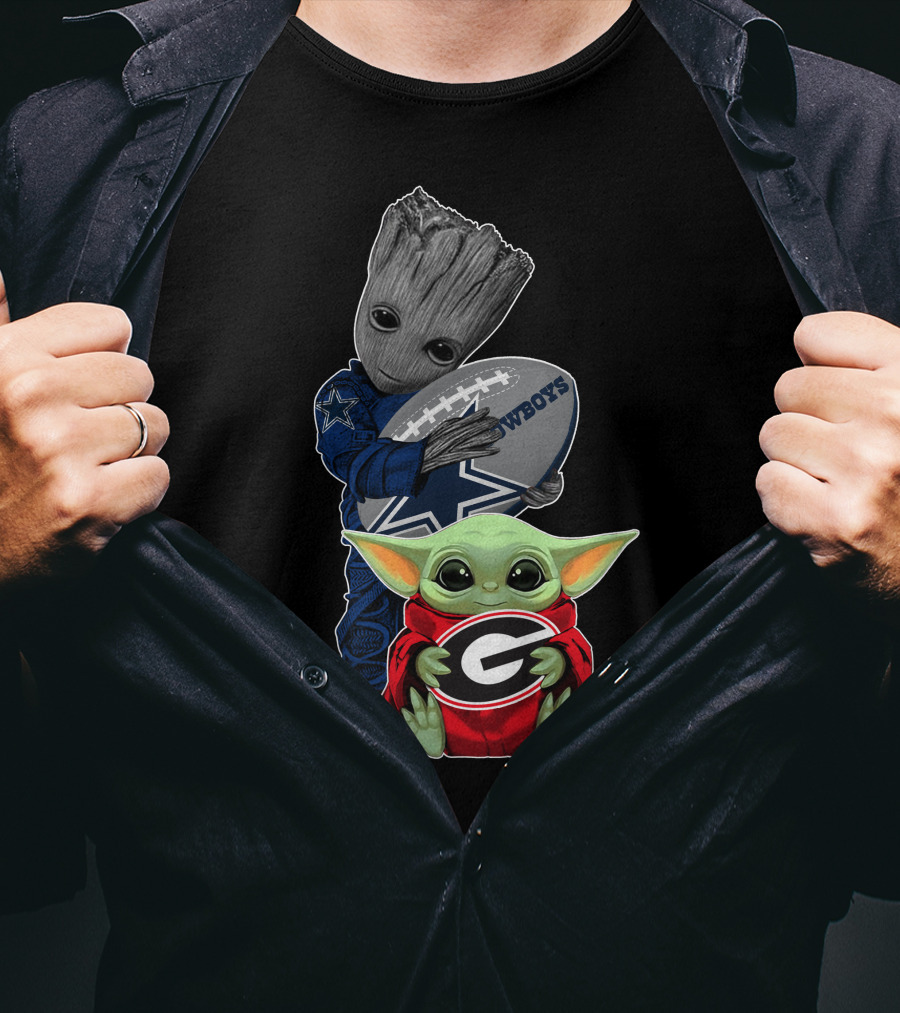 Cowboys Groot Football With Bulldogs Baby Yoda In Georgia Red T-Shirt