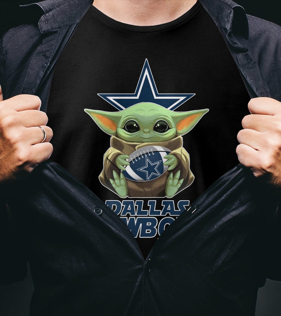 Dallas Cowboys Star Wars Baby Yoda Holding Football T-Shirt