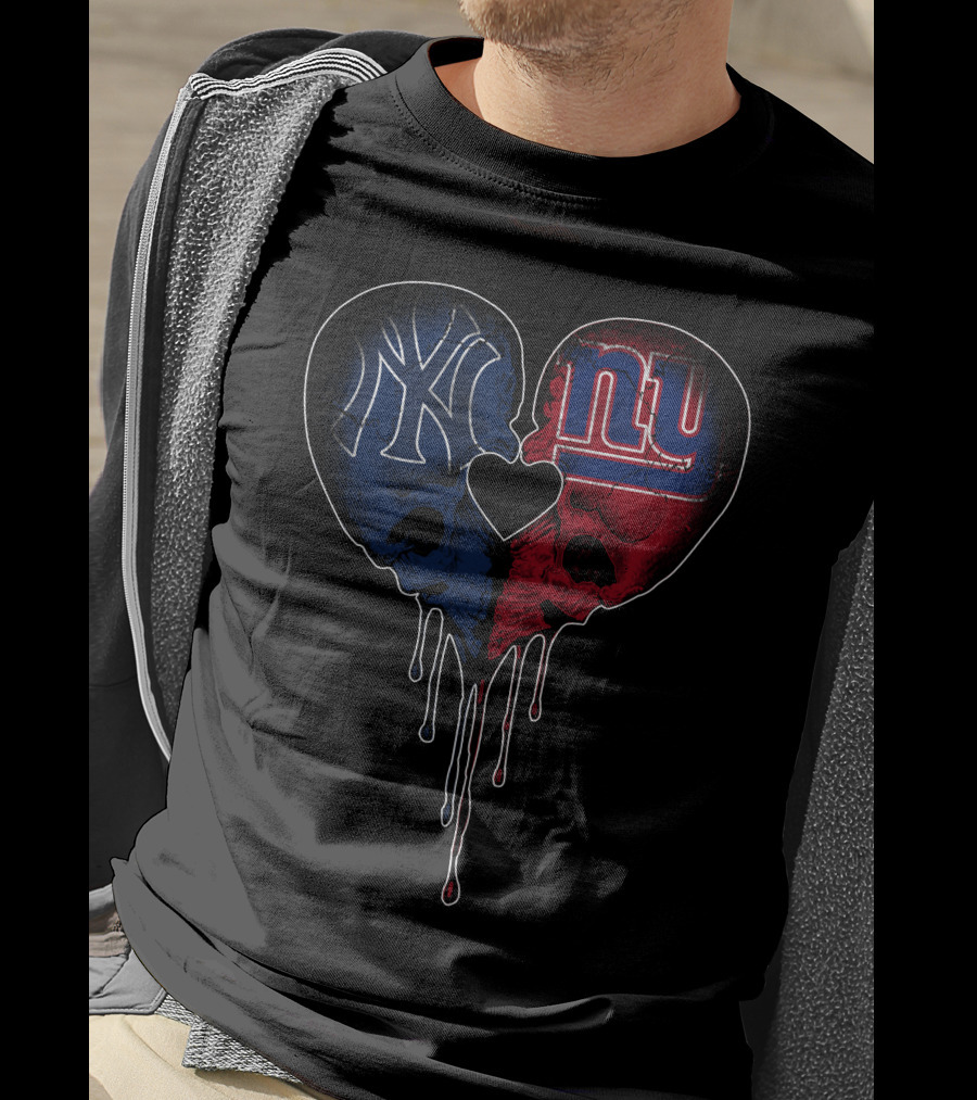 Yankees Giants Heart Skull Dripping Logos Blue Red Black T-Shirt