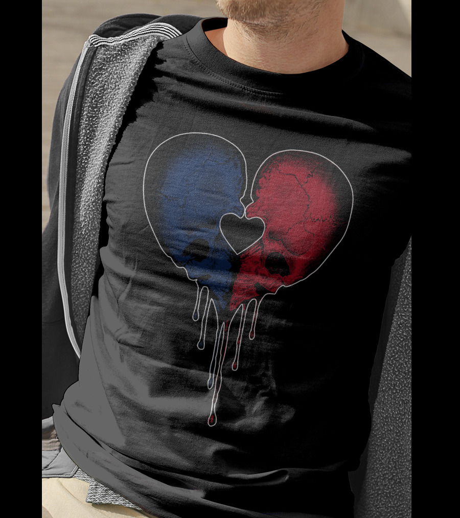 Split Red And Blue Skull Heart Dripping T-Shirt
