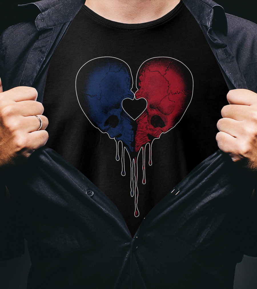 Split Red And Blue Skull Heart Dripping T-Shirt