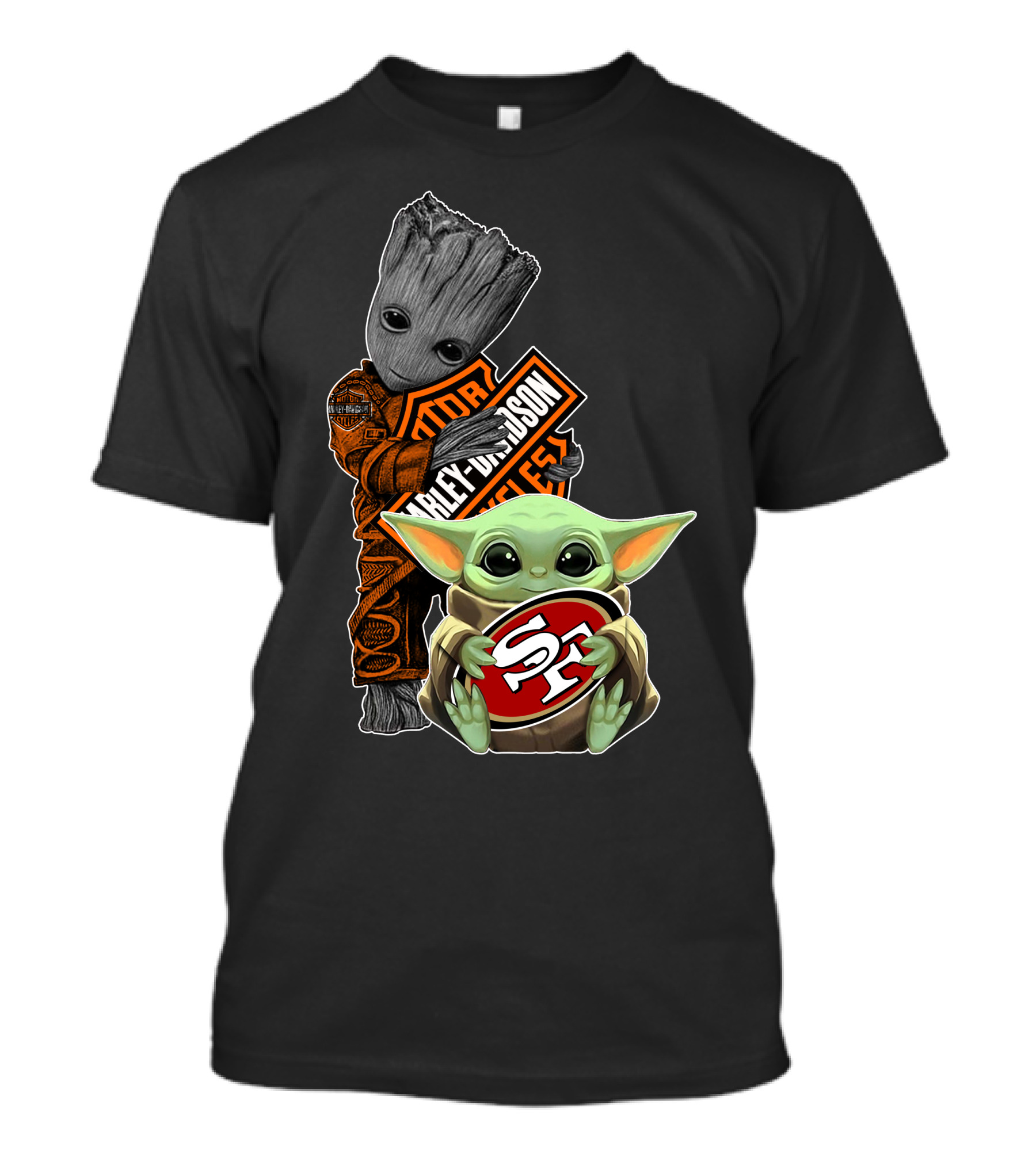 49ers S-F Logo Harley Davidson Orange Black Star Wars Groot Baby Yoda T-Shirt