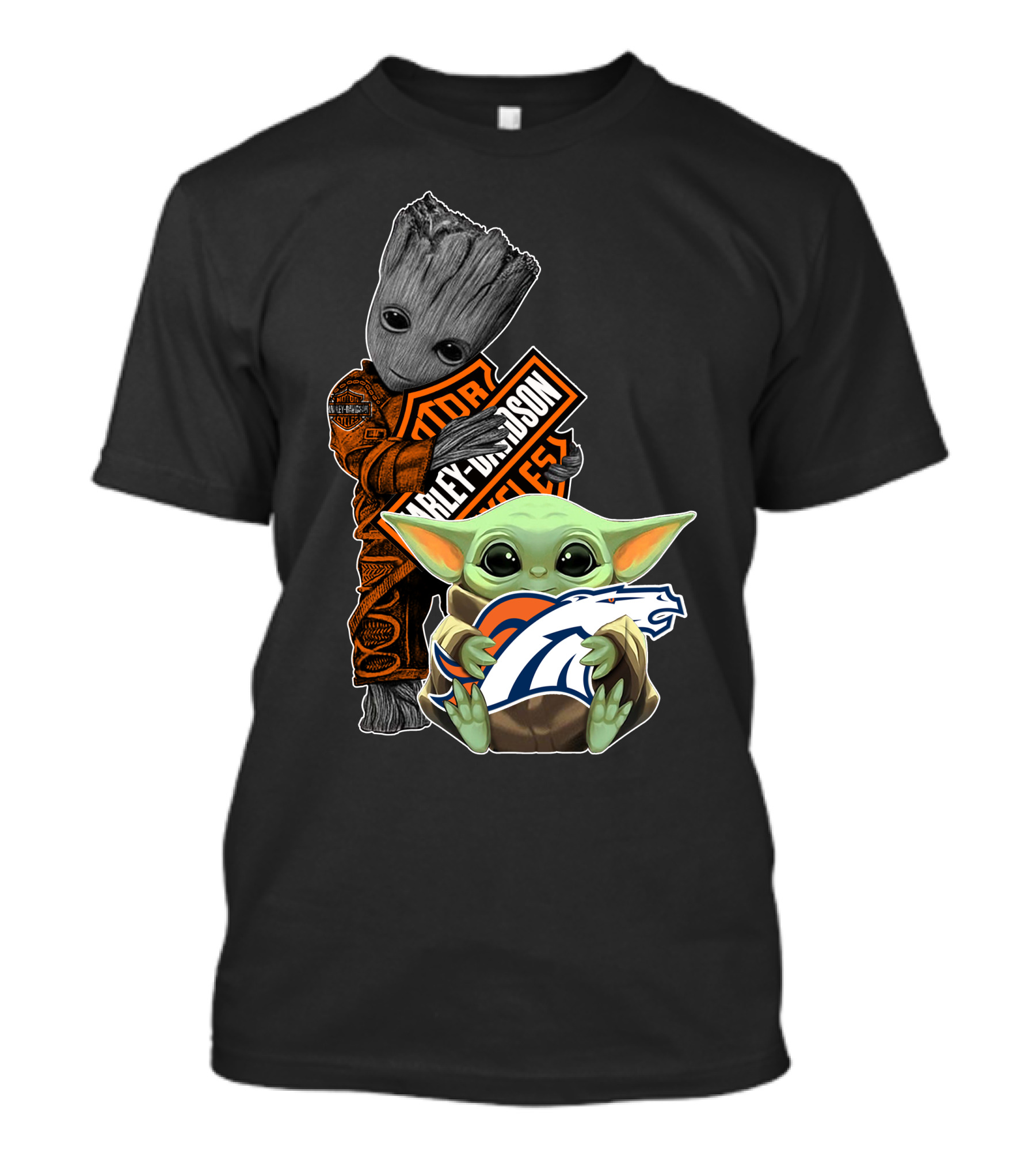 Baby Yoda Holding Broncos Logo Harley Davidson Guardians Of Galaxy Crossover T-Shirt