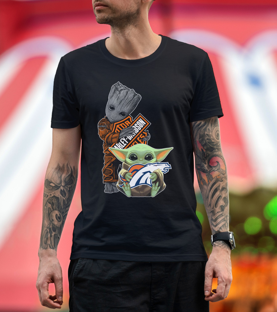 Baby Yoda Holding Broncos Logo Harley Davidson Guardians Of Galaxy Crossover T-Shirt