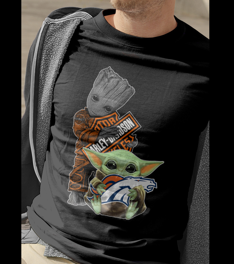 Baby Yoda Holding Broncos Logo Harley Davidson Guardians Of Galaxy Crossover T-Shirt