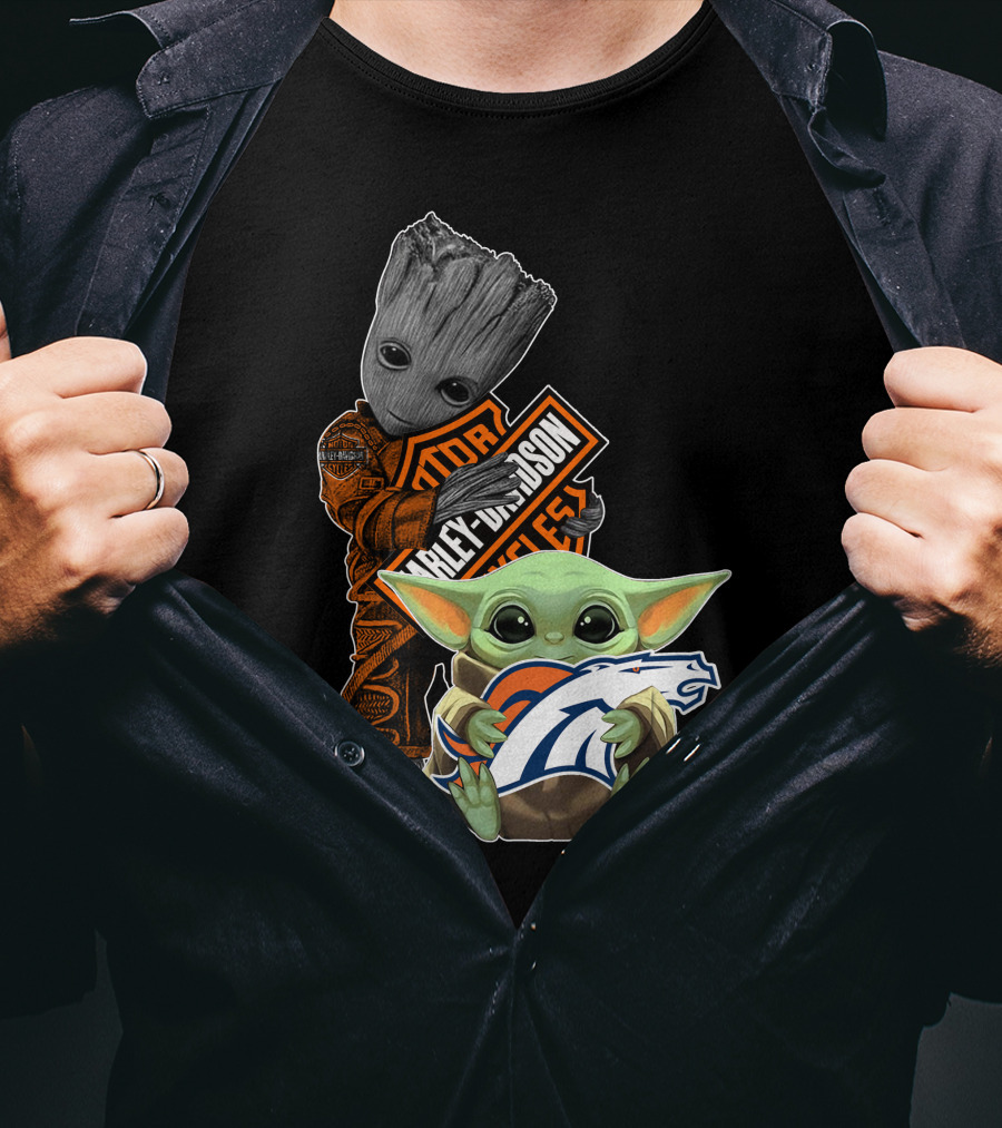 Baby Yoda Holding Broncos Logo Harley Davidson Guardians Of Galaxy Crossover T-Shirt