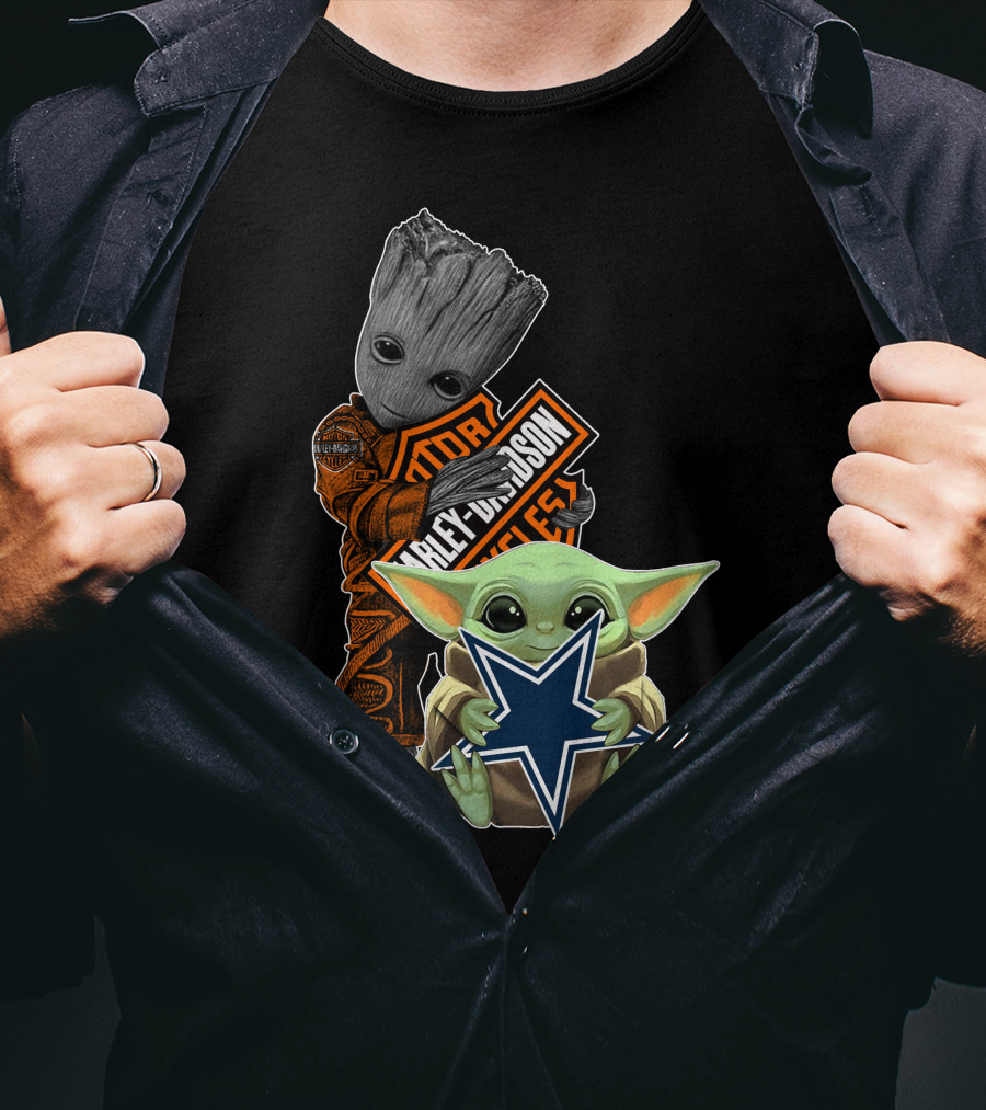 Groot Harley Davidson Star Holding Mandalorian Baby Yoda Cowboys T-Shirt