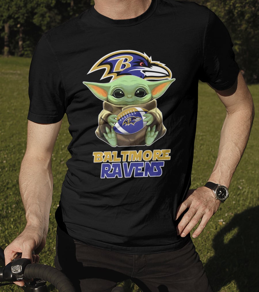 Baltimore Ravens Baby Yoda Holding Football T-Shirt