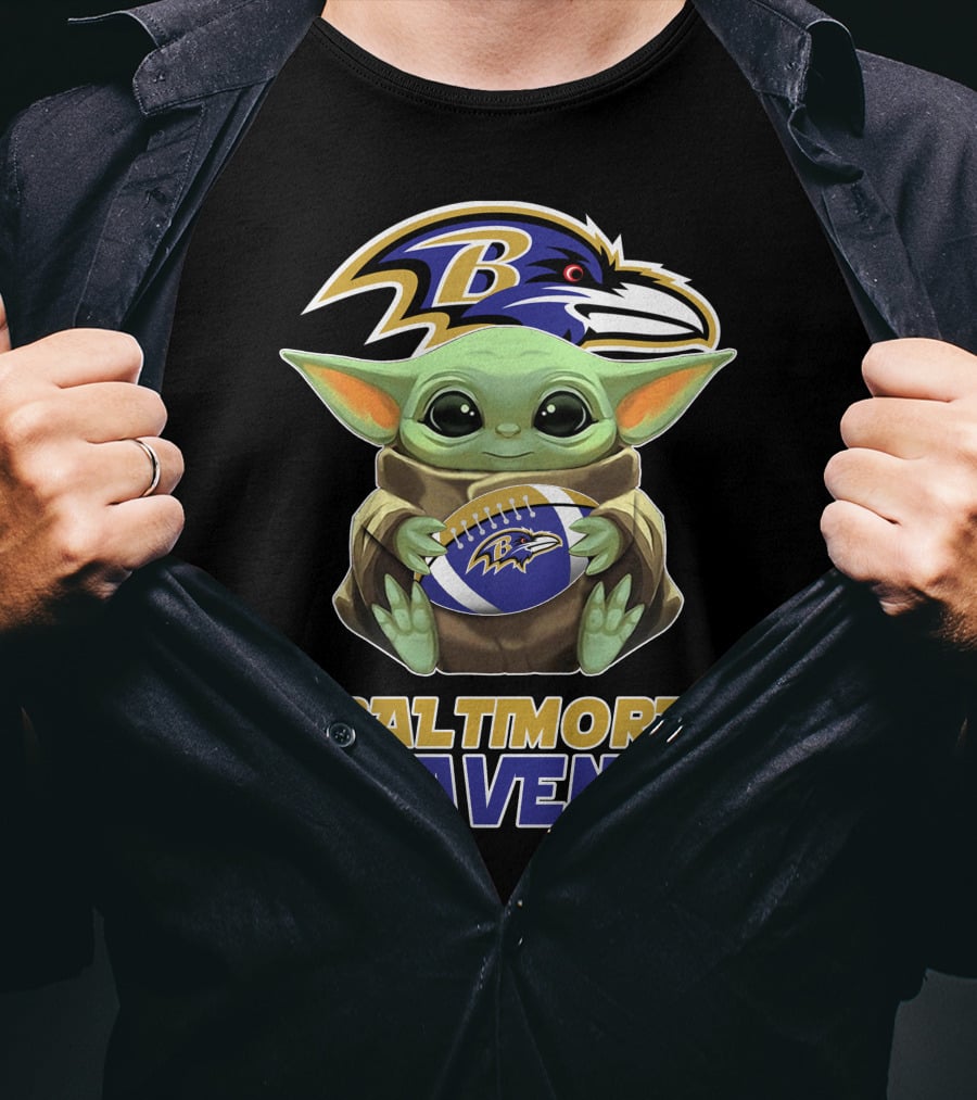 Baltimore Ravens Baby Yoda Holding Football T-Shirt